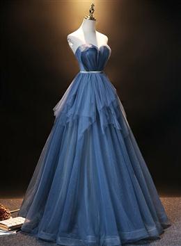 Picture of Blue Tulle Sweetheart Simple Pretty Floor Length Party Dresses, Blue A-line Evening Dresses Prom Dresses